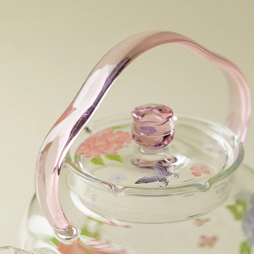 Pink Hydrangea Borosilicate Glass Teapot - Image 3