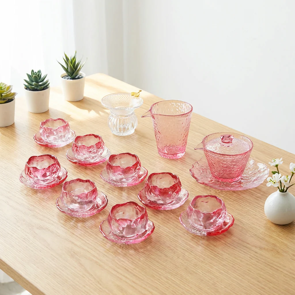 Pink Ice Crystal High Borosilicate Glass Tea Set - Image 3