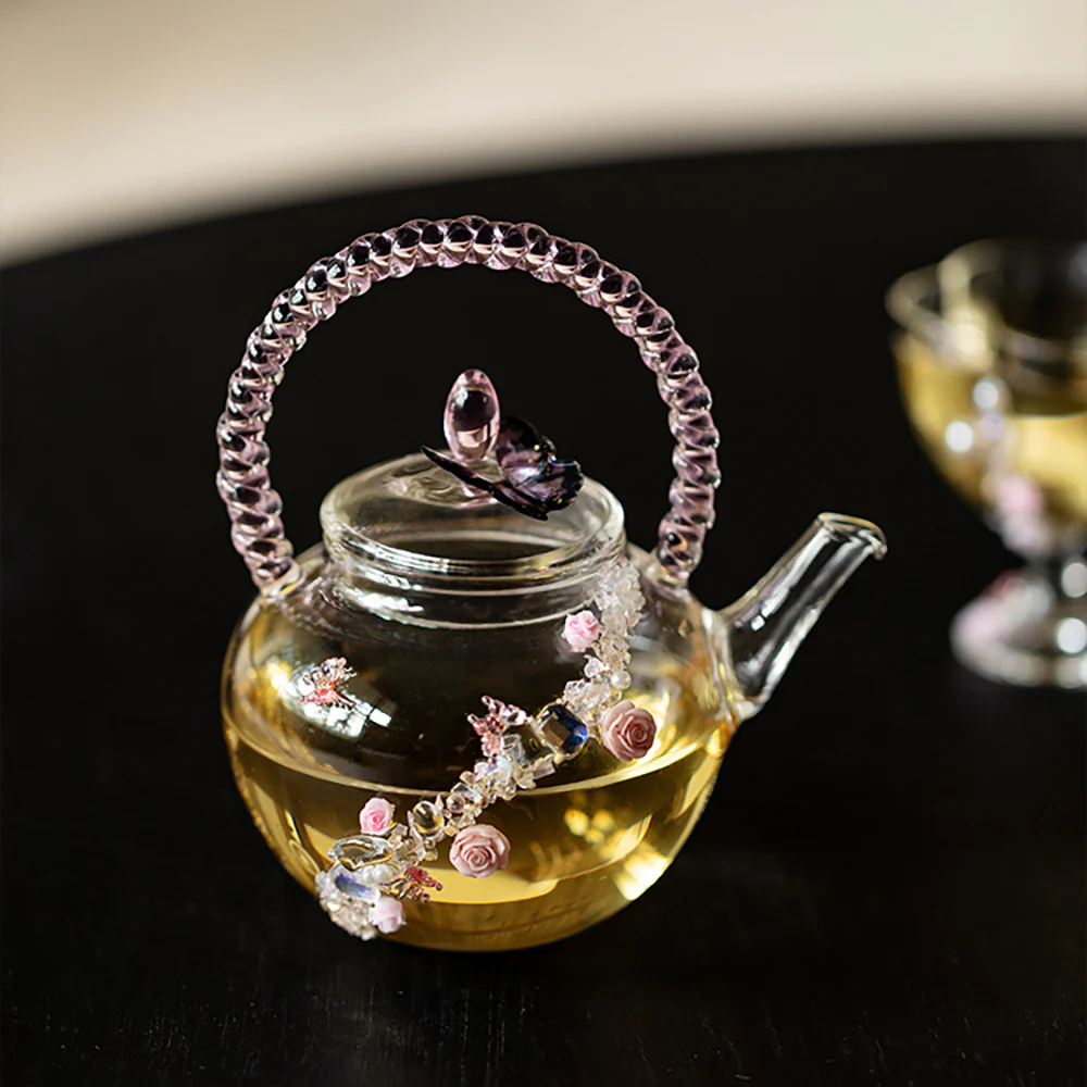 Pink Rose And Butterfly Borosilicate Glass Teapot - Image 3