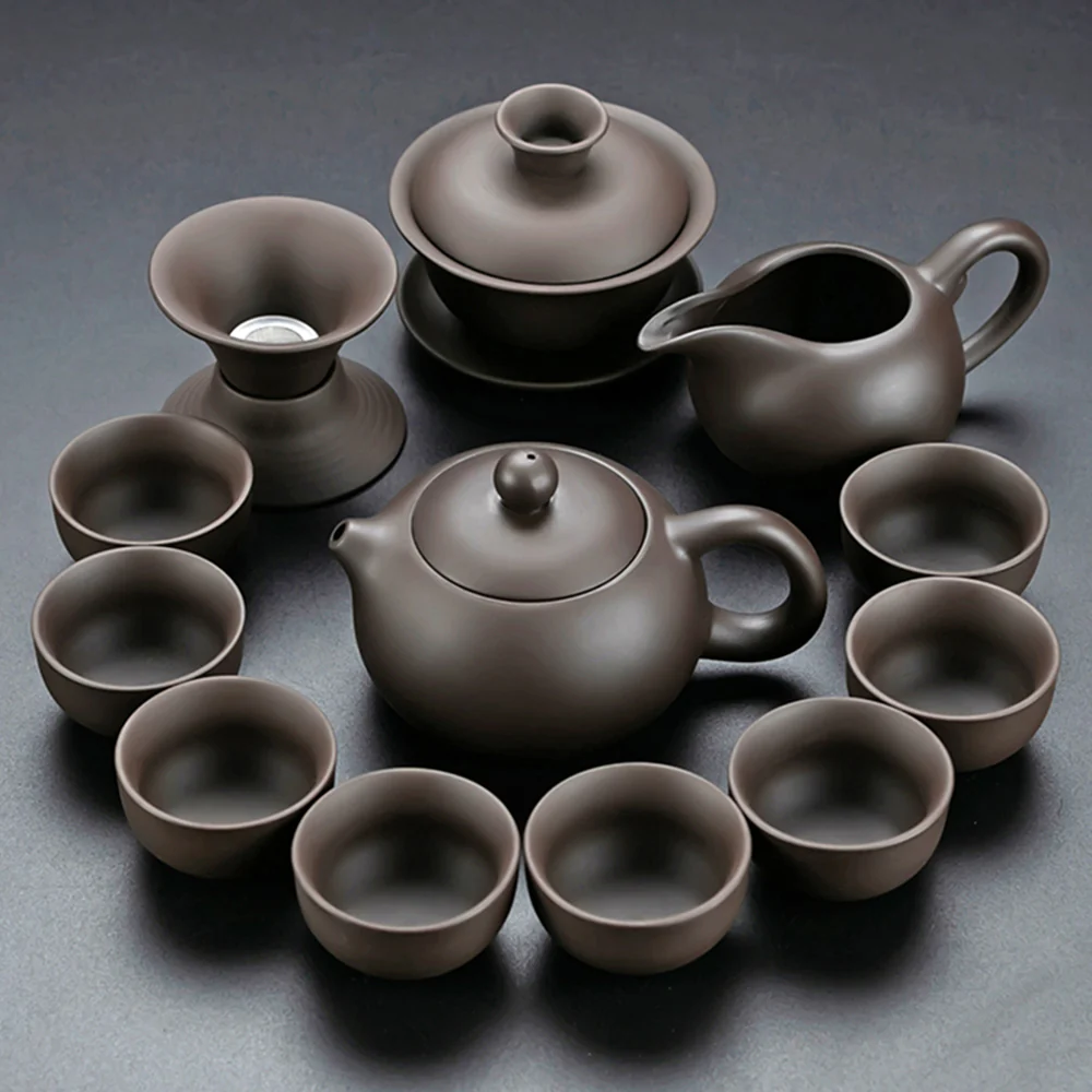 Purple Clay Tea Set With Solid Wood Tea Tray - Image 2