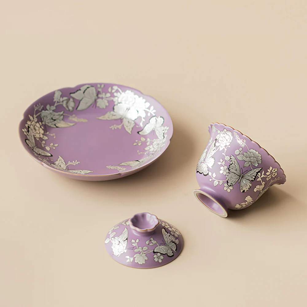 Purple Gilt-Silver Butterfly And Flower Porcelain Gaiwan - Image 2
