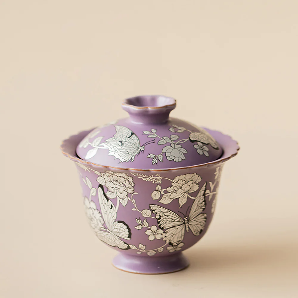 Purple Gilt-Silver Butterfly And Flower Porcelain Gaiwan - Image 3