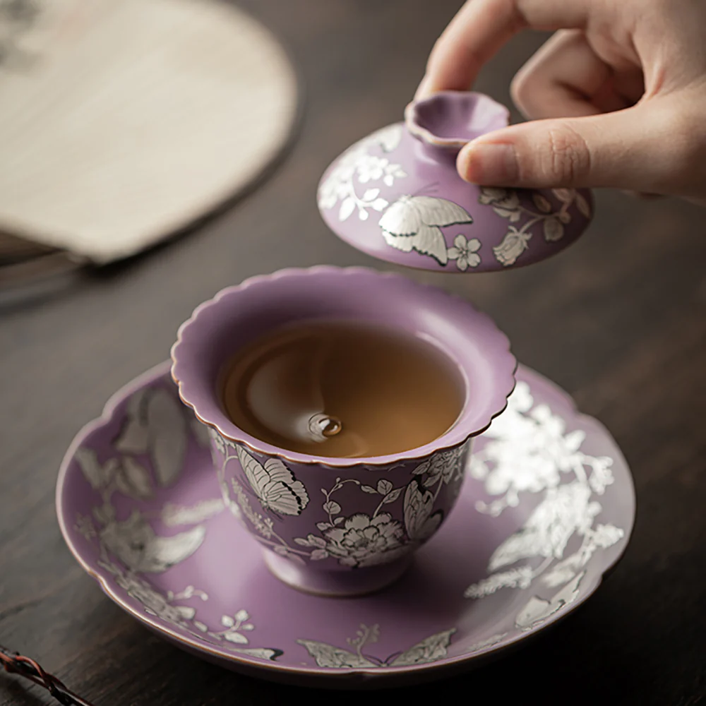 Purple Gilt-Silver Butterfly And Flower Porcelain Gaiwan - Image 5
