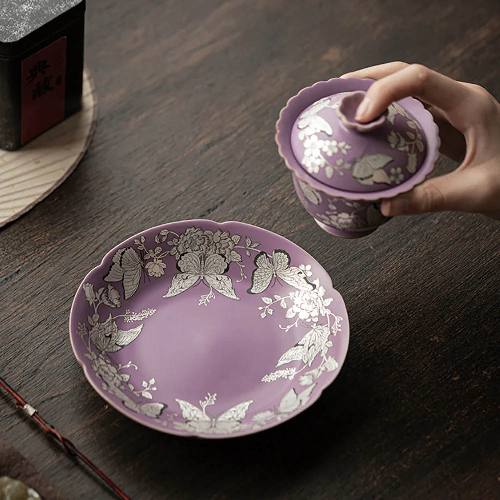 Purple Gilt-Silver Butterfly And Flower Porcelain Gaiwan - Image 6