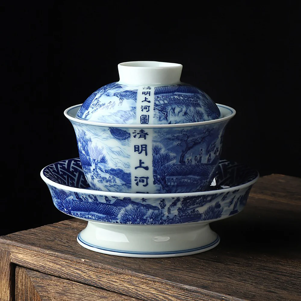 Qingming Shanghetu Blue And White Porcelain Gaiwan - Image 2