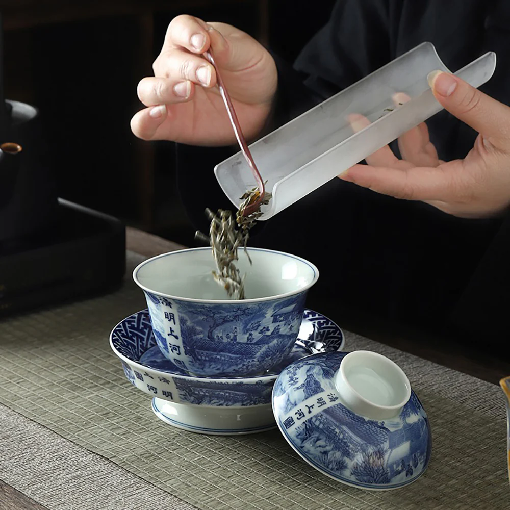 Qingming Shanghetu Blue And White Porcelain Gaiwan - Image 3