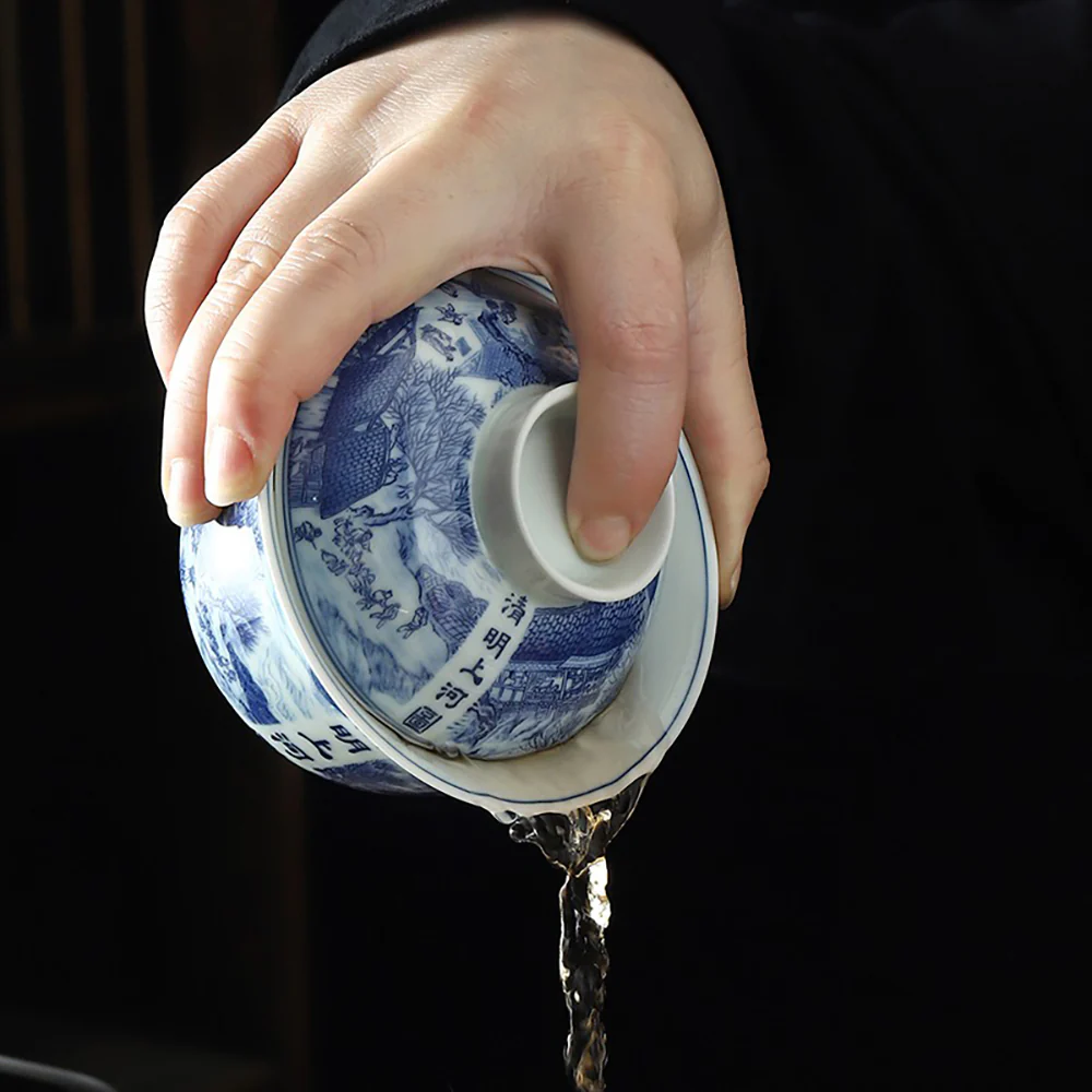 Qingming Shanghetu Blue And White Porcelain Gaiwan - Image 4