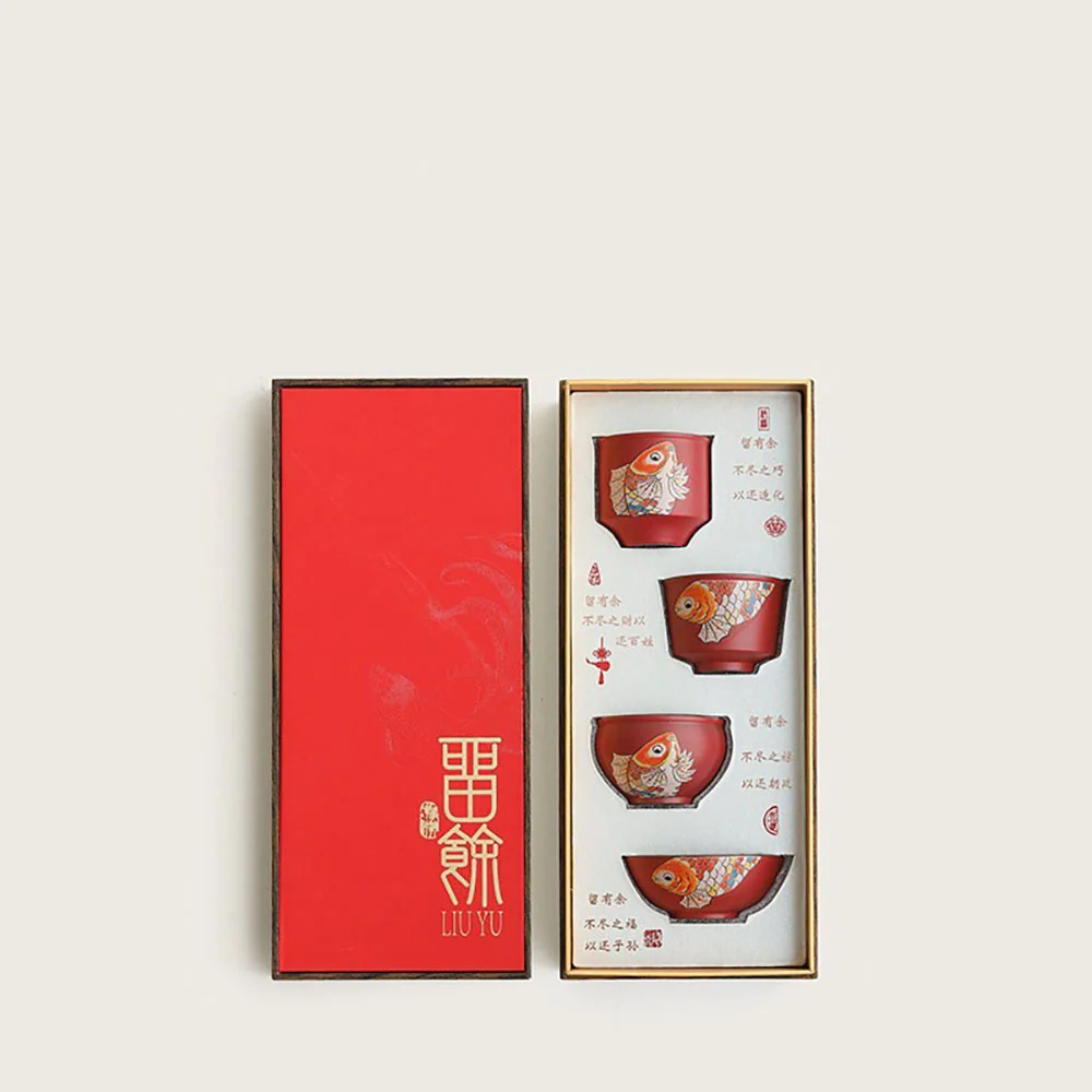 Red Ceramic Koi Gongfu Tea Cup Set - Image 2
