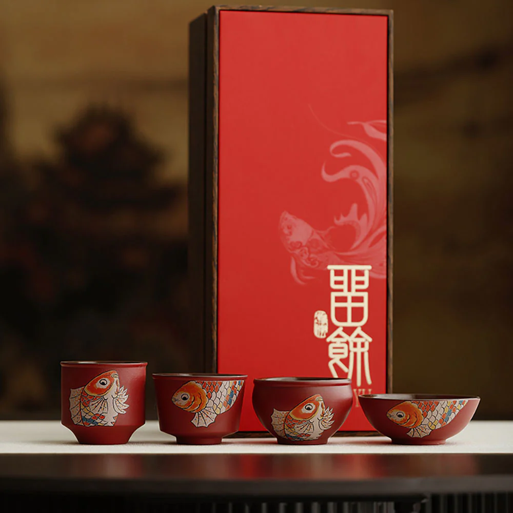 Red Ceramic Koi Gongfu Tea Cup Set - Image 3