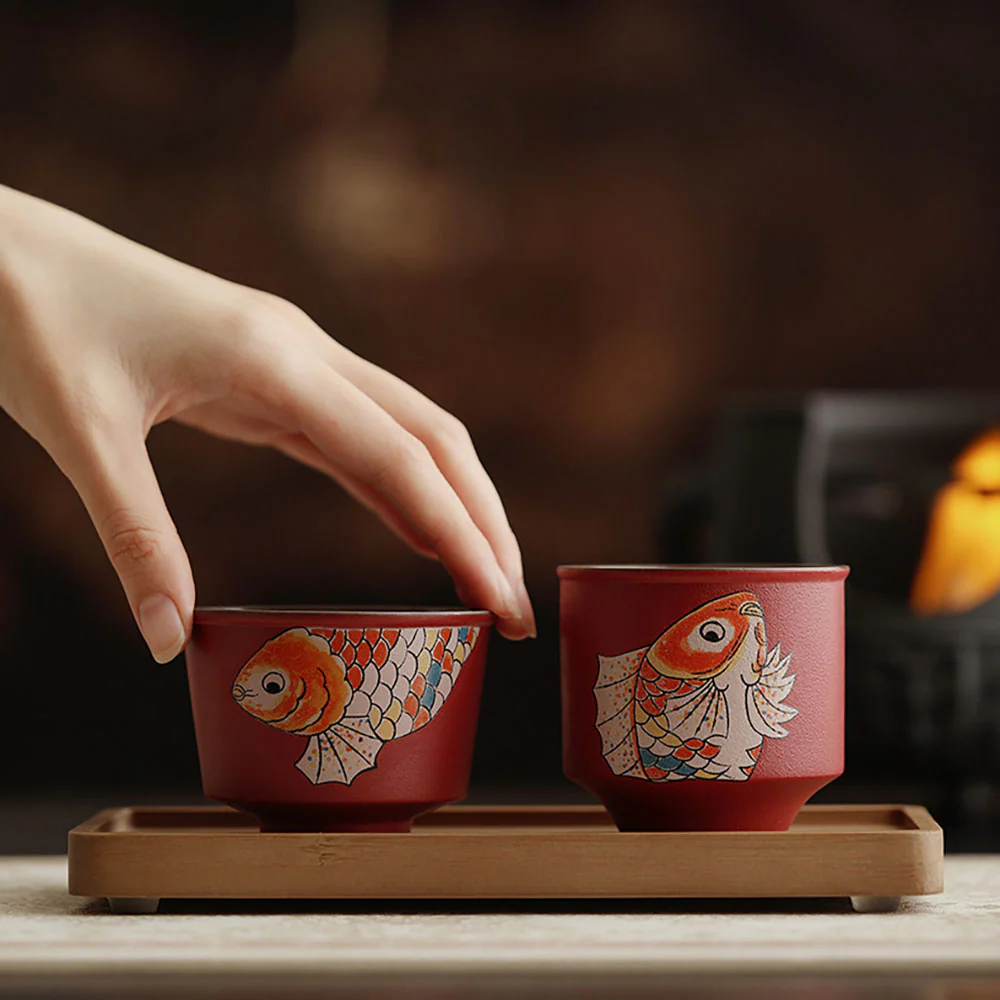 Red Ceramic Koi Gongfu Tea Cup Set - Image 5
