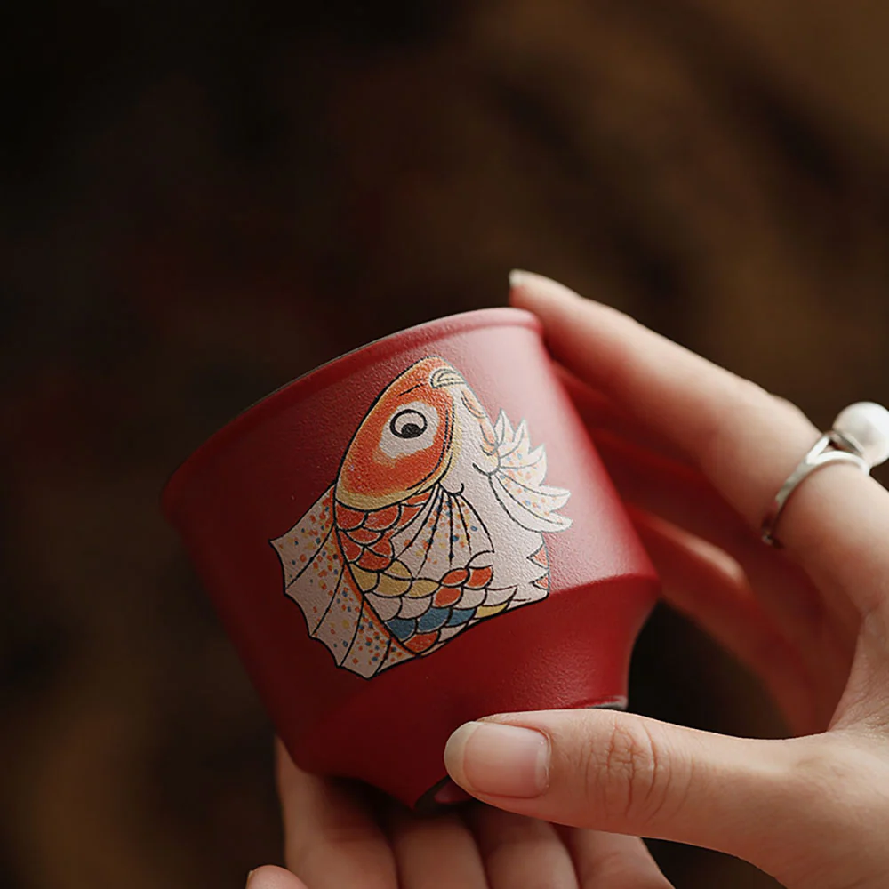 Red Ceramic Koi Gongfu Tea Cup Set - Image 6