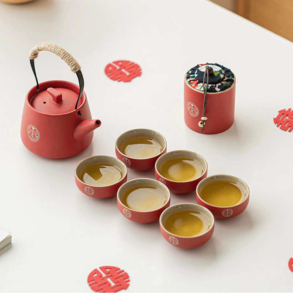 Red Double Happiness Ceramic Wedding Tea Set - Image 3