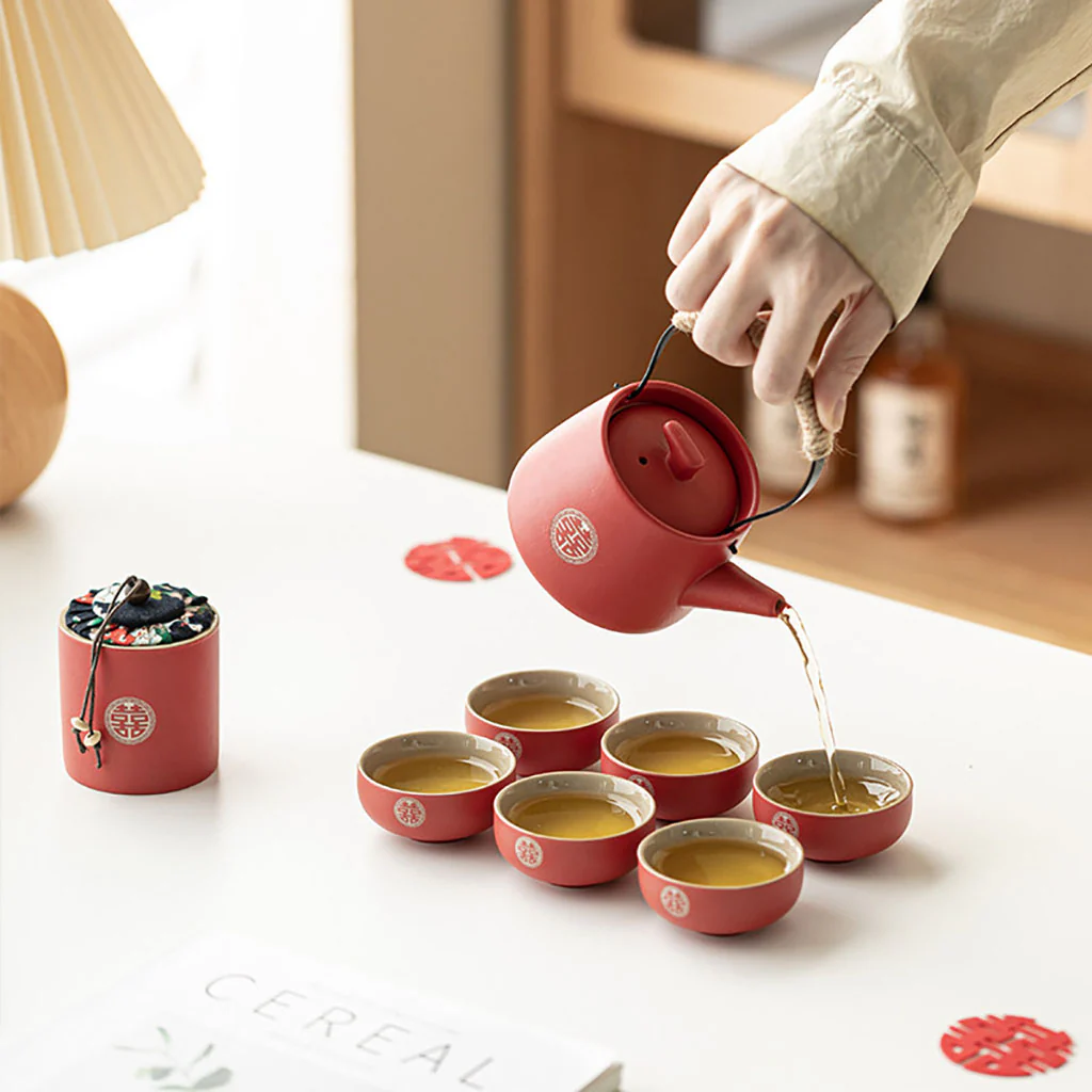 Red Double Happiness Ceramic Wedding Tea Set - Image 4
