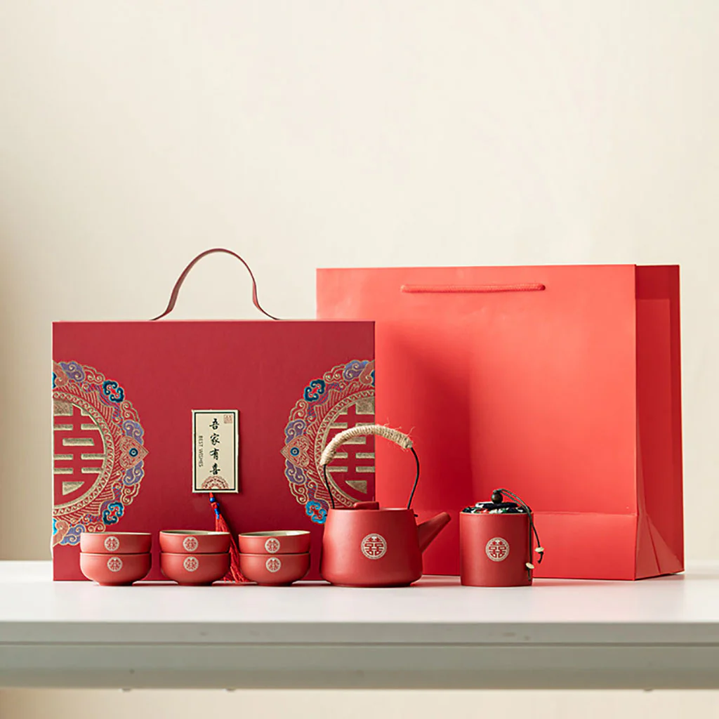 Red Double Happiness Ceramic Wedding Tea Set - Image 5