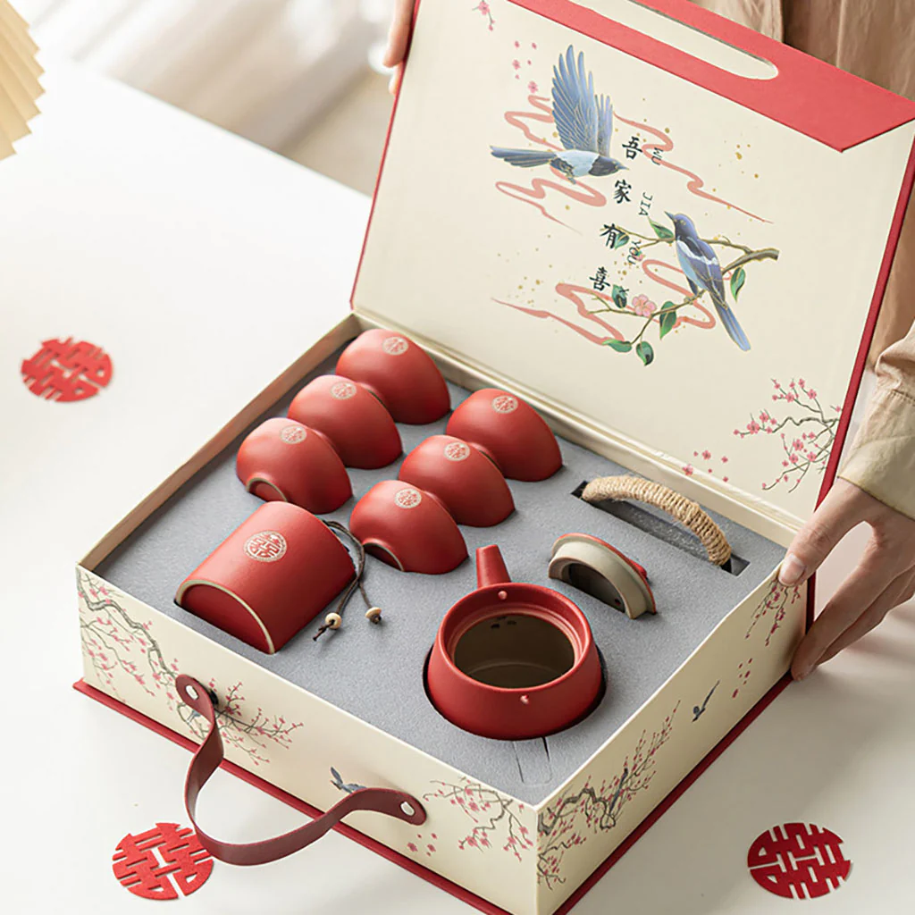 Red Double Happiness Ceramic Wedding Tea Set - Image 6
