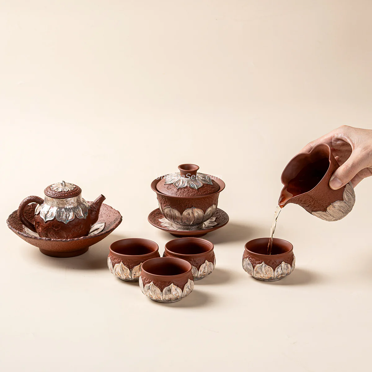 Red Pottery Silver-Gilt Lotus Tea Set - Image 3