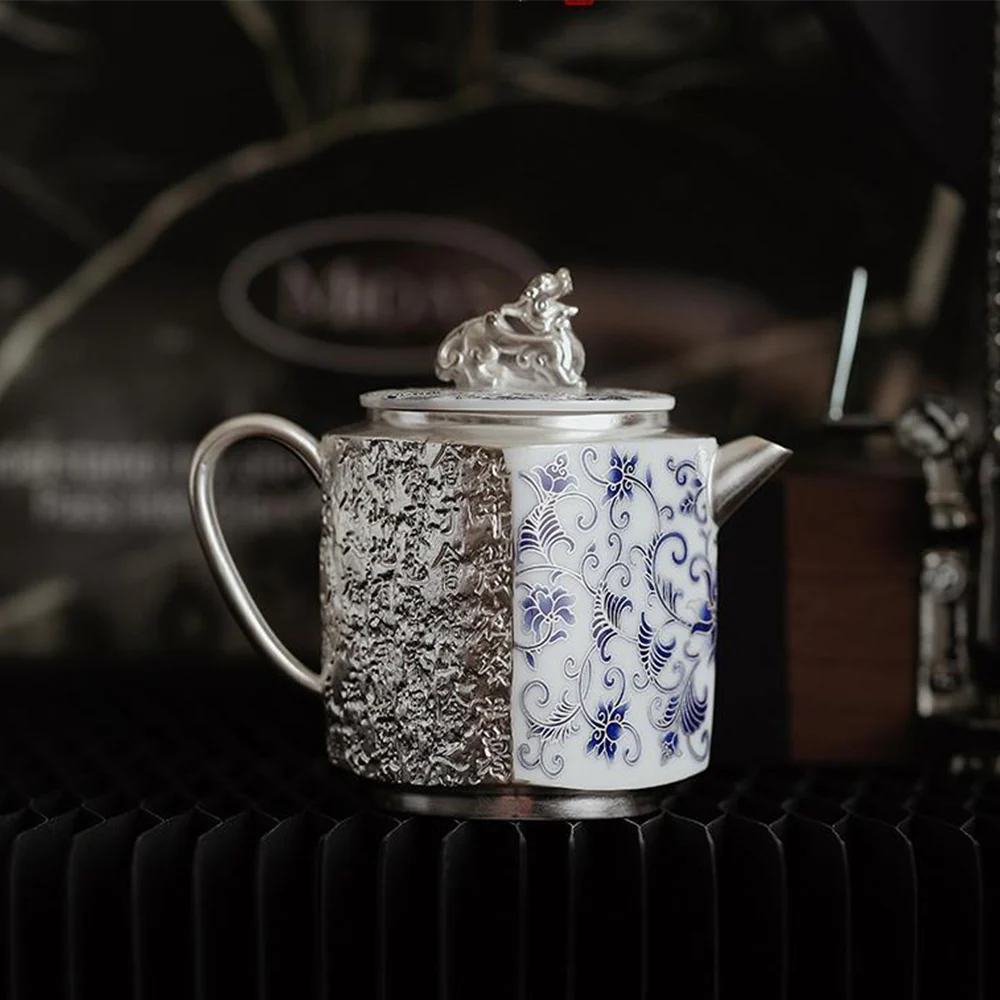 Silver-Gilt Blue And White Engraving Teapot - Image 2
