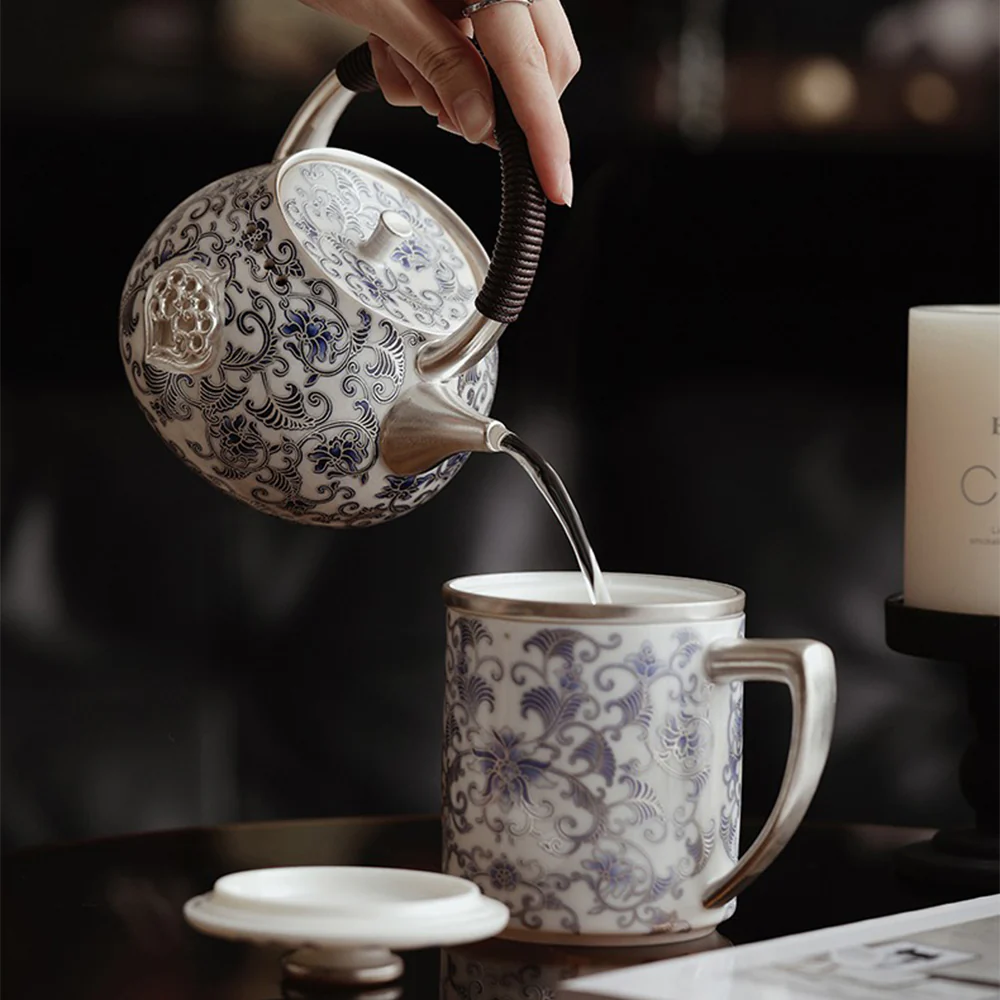 Silver-Gilt Blue And White Porcelain Chinese Teapot - Image 5