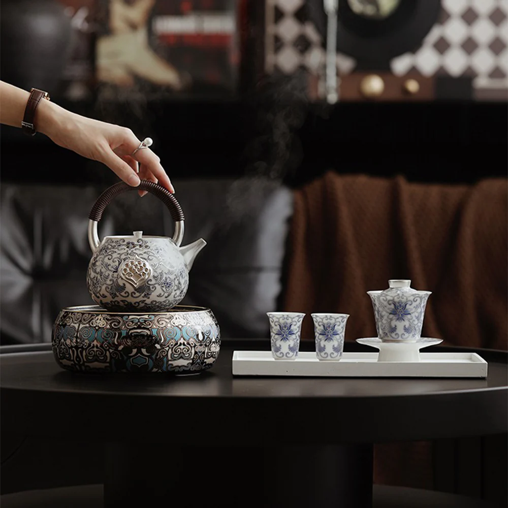 Silver-Gilt Blue And White Porcelain Chinese Teapot - Image 6