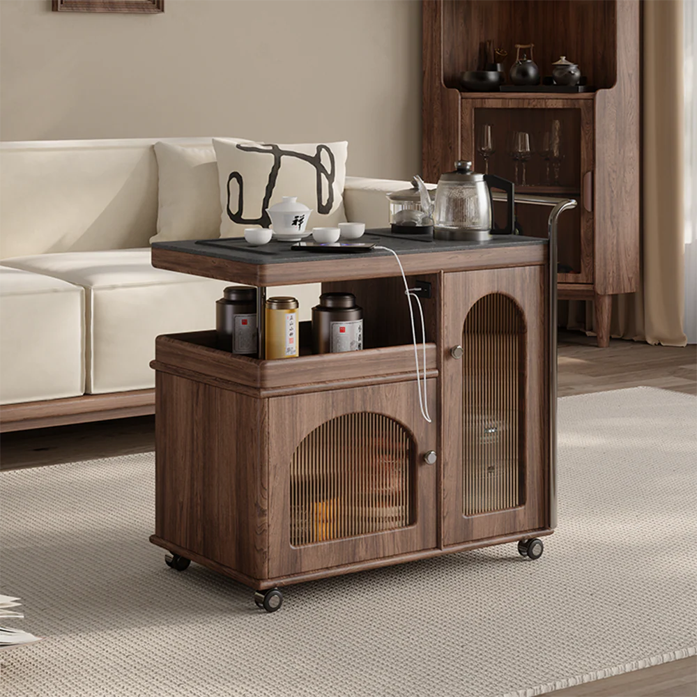 Solid Wood & Black Stone Panel Movable Tea Table