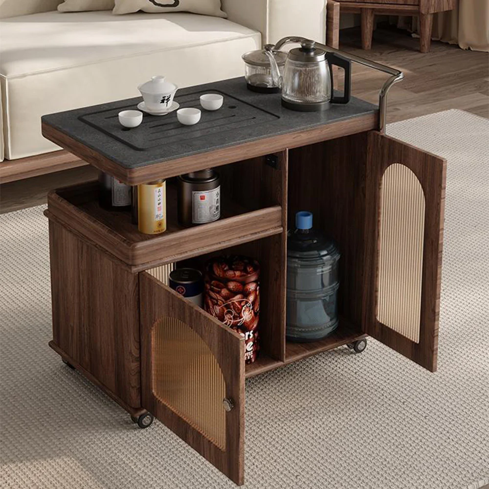 Solid Wood & Black Stone Panel Movable Tea Table - Image 2