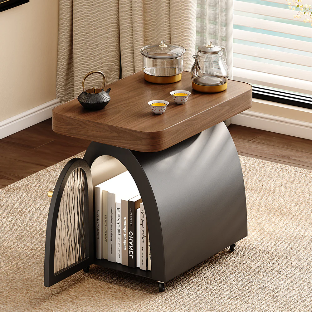 Solid Wood & Carbon Steel Small Movable Tea Table - Image 3