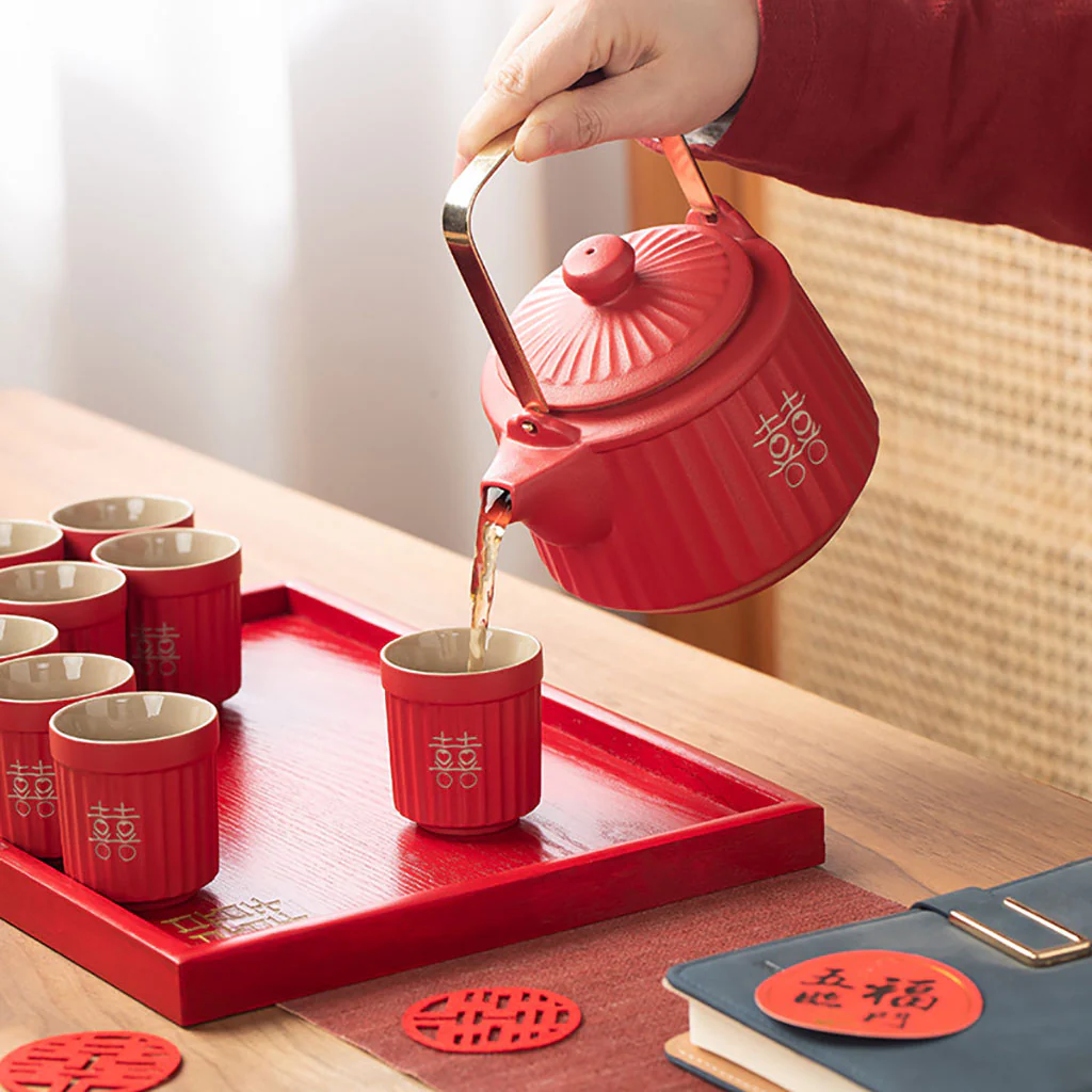 Striped Double Happiness Ceramic Wedding Tea Set - Image 3