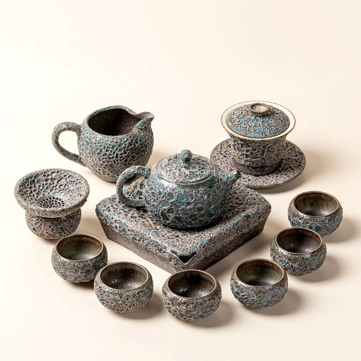 Vintage Bronze Coarse Pottery Wormhole Tea Set