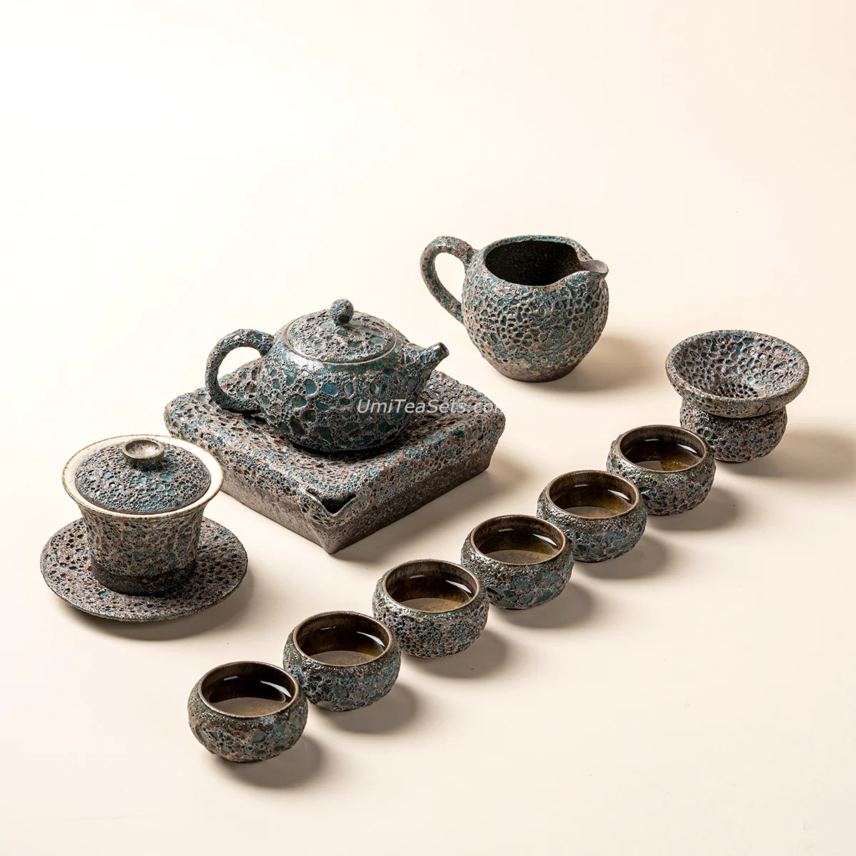 Vintage Bronze Coarse Pottery Wormhole Tea Set - Image 2