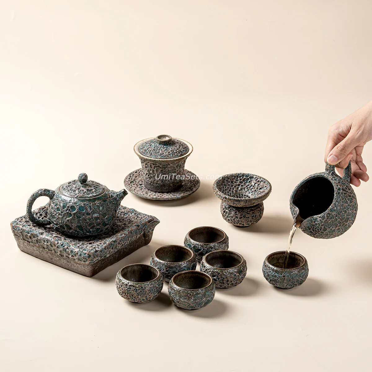 Vintage Bronze Coarse Pottery Wormhole Tea Set - Image 3