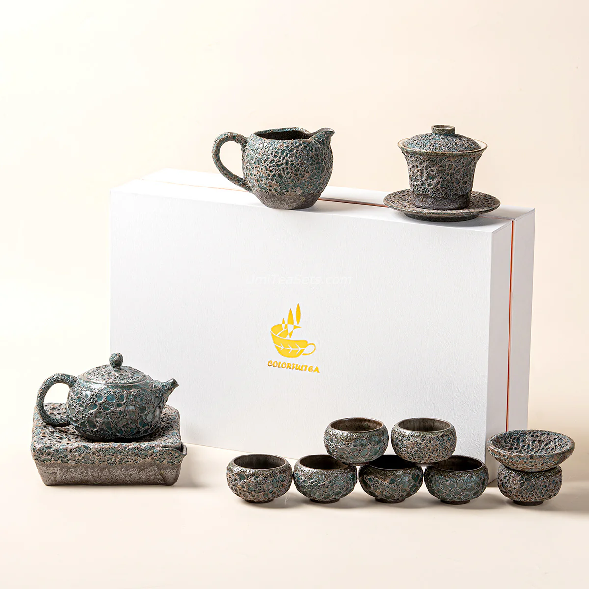 Vintage Bronze Coarse Pottery Wormhole Tea Set - Image 4