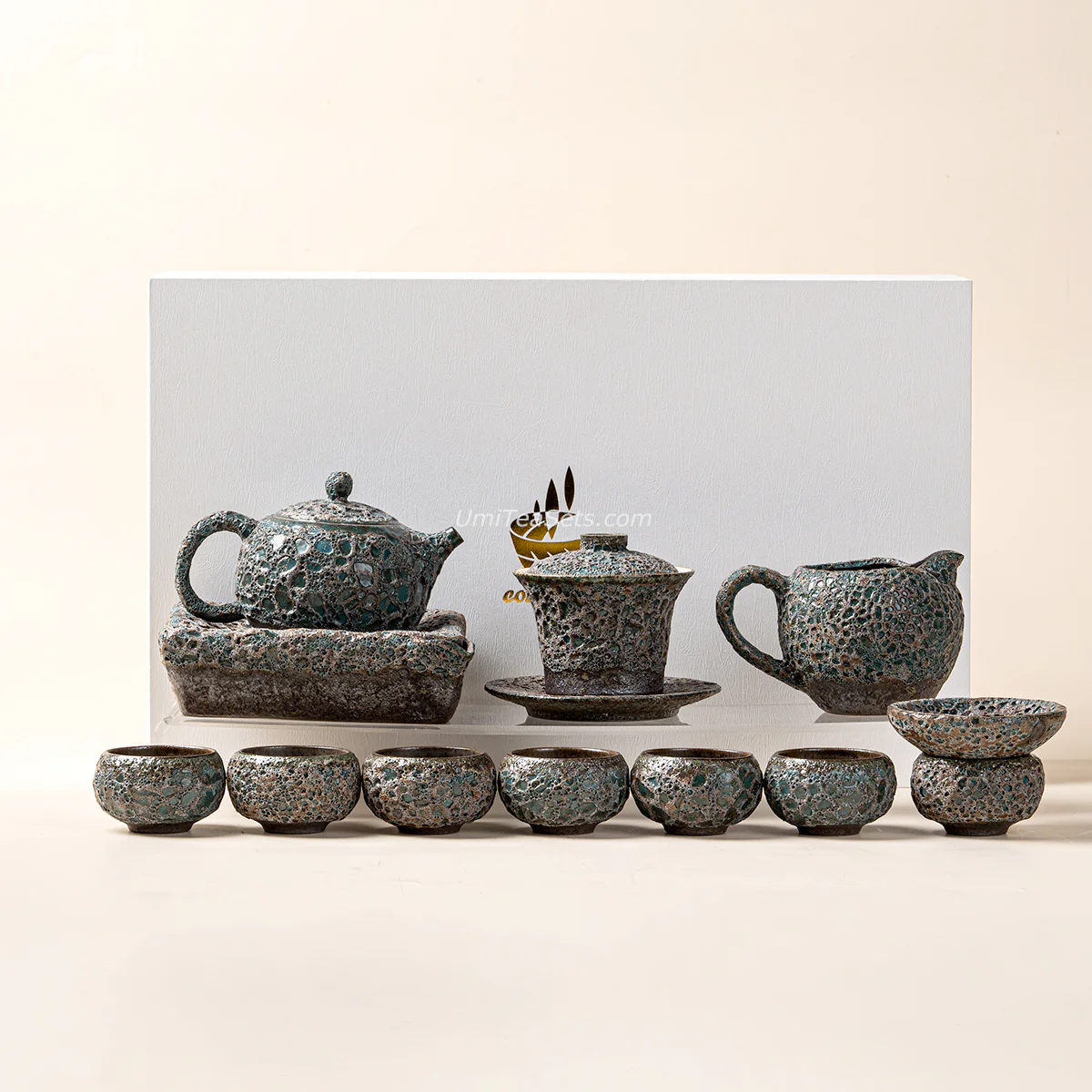 Vintage Bronze Coarse Pottery Wormhole Tea Set - Image 5