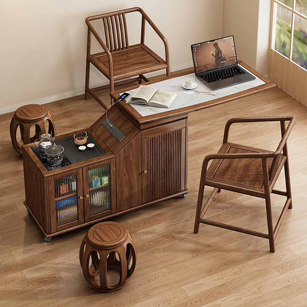 Walnut Extendable & Rotatable Movable Tea Table - Image 3