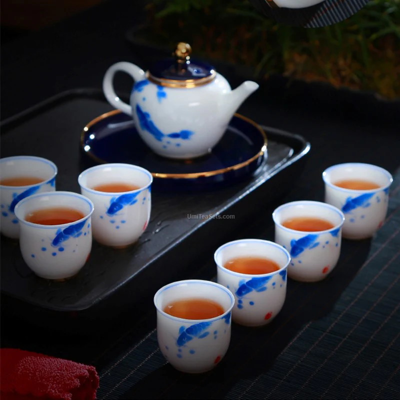 White And Blue Porcelain Hand Painted Goldfish Tea Set - Image 3
