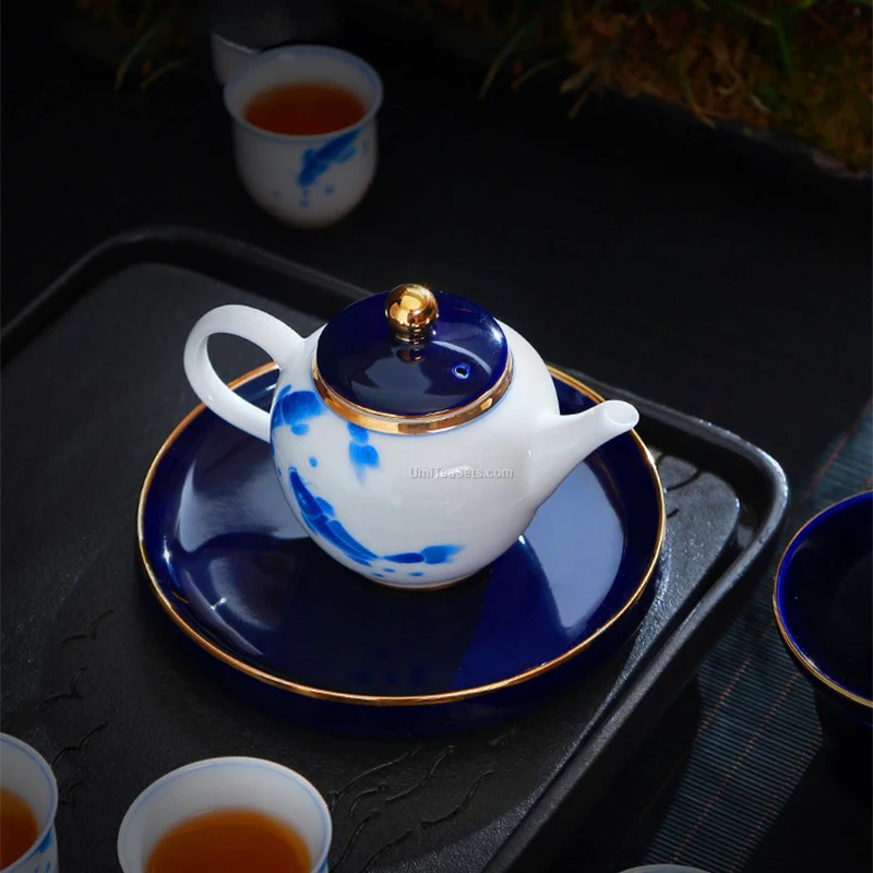 White And Blue Porcelain Hand Painted Goldfish Tea Set - Image 4
