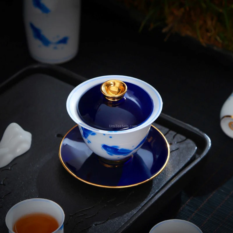 White And Blue Porcelain Hand Painted Goldfish Tea Set - Image 5