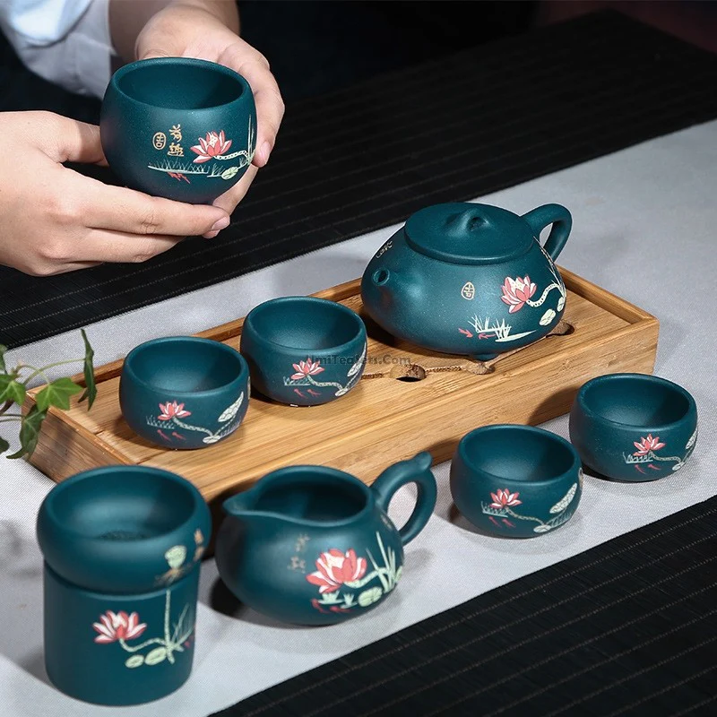 Yixing Blue Clay Lotus Shi Piao Tea Set - Image 4