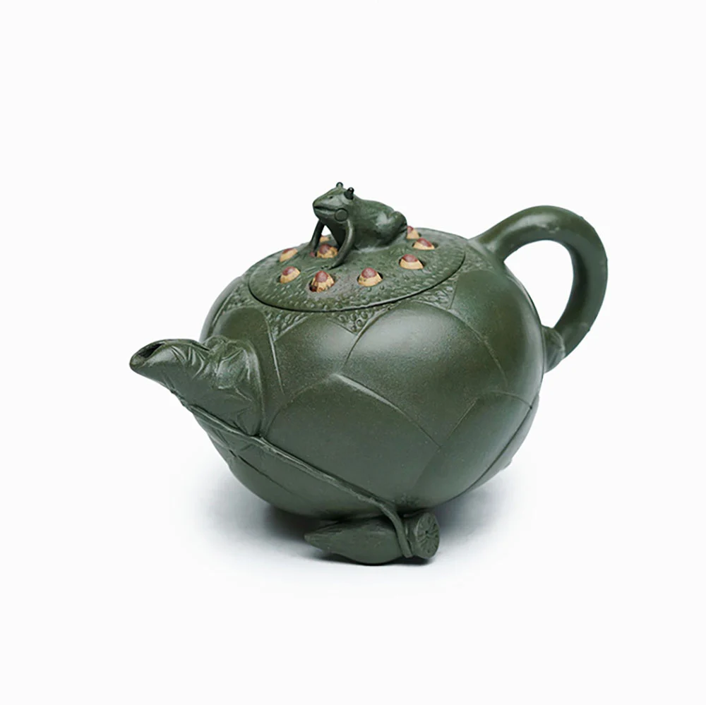 Yixing Green Clay Lotus And Frog Teapot - Image 2