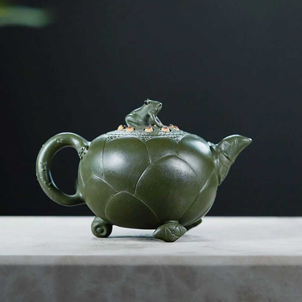 Yixing Green Clay Lotus And Frog Teapot - Image 3