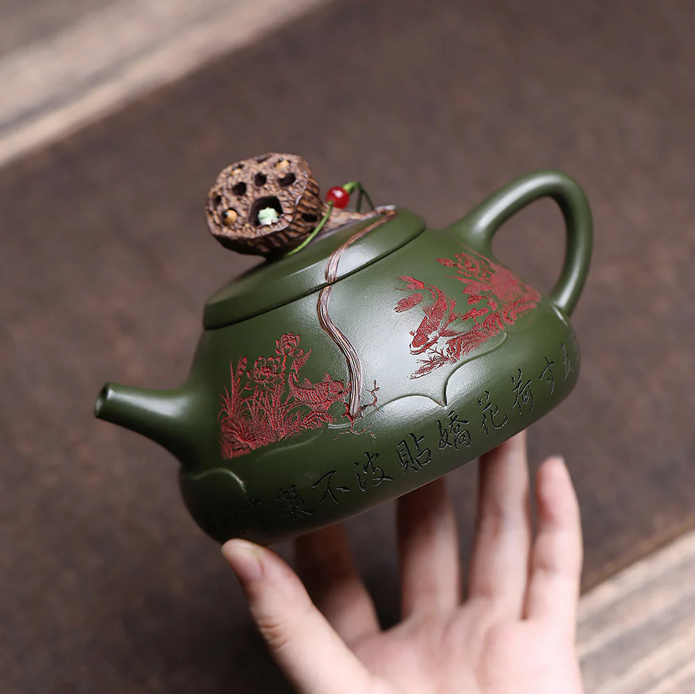 Yixing Green Clay Lotus Shi Piao Teapot - Image 3