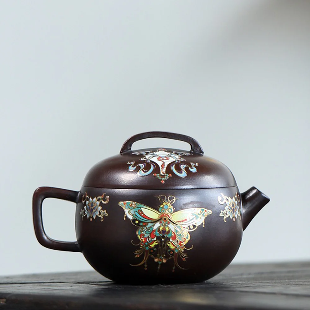 Yixing Purple Clay Enamel Butterfly Teapot - Image 2