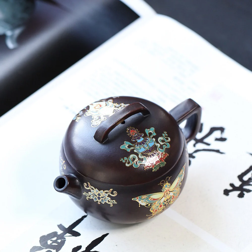 Yixing Purple Clay Enamel Butterfly Teapot - Image 3