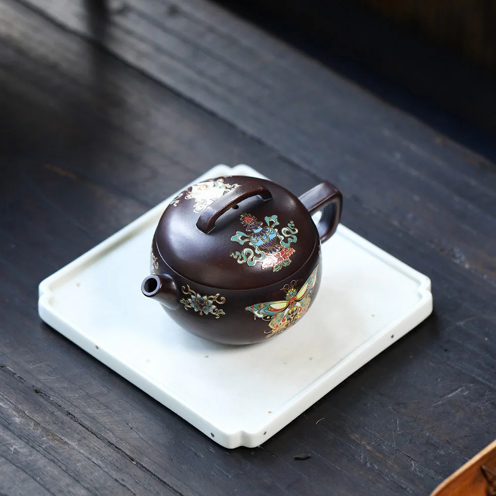 Yixing Purple Clay Enamel Butterfly Teapot - Image 4