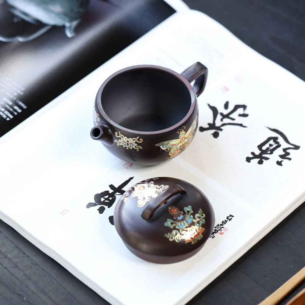 Yixing Purple Clay Enamel Butterfly Teapot - Image 5