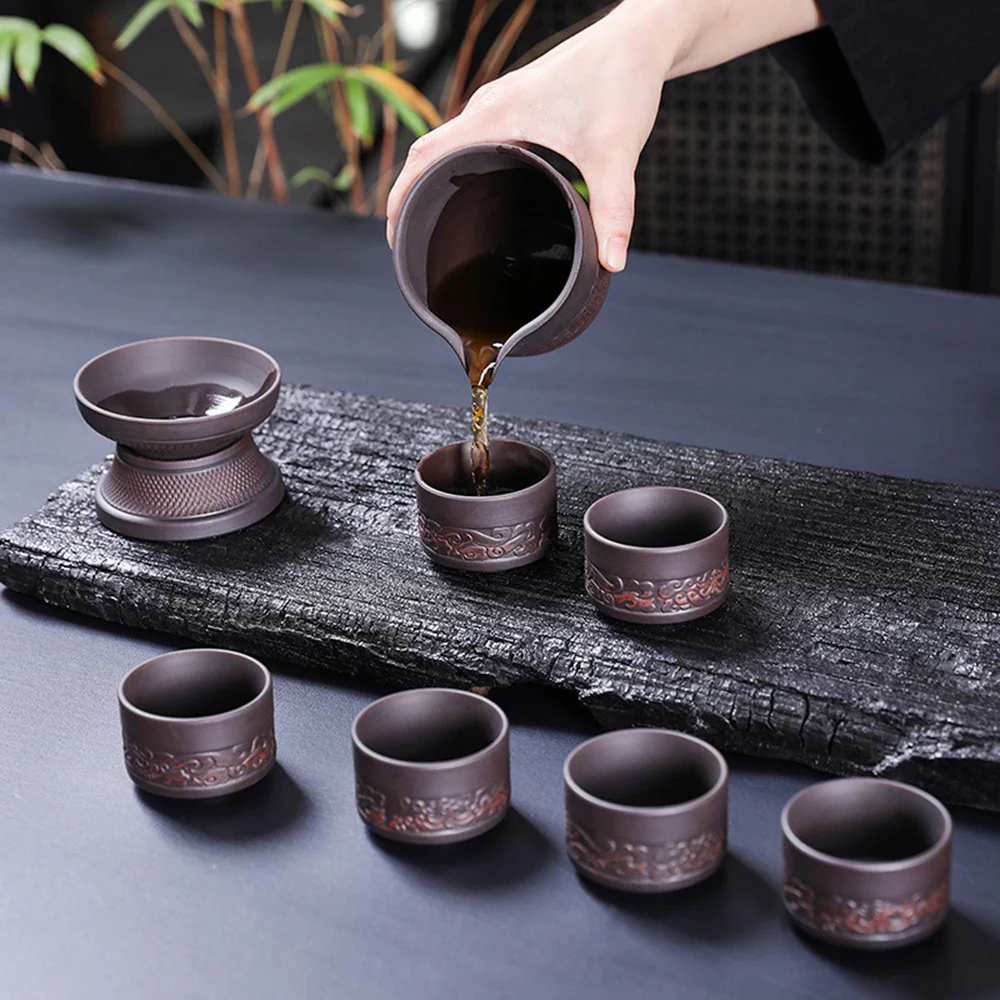 Yixing Purple Clay Relif Lotus Tea Set - Image 3
