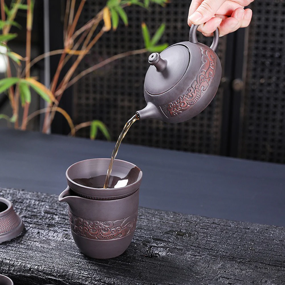 Yixing Purple Clay Relif Lotus Tea Set - Image 4