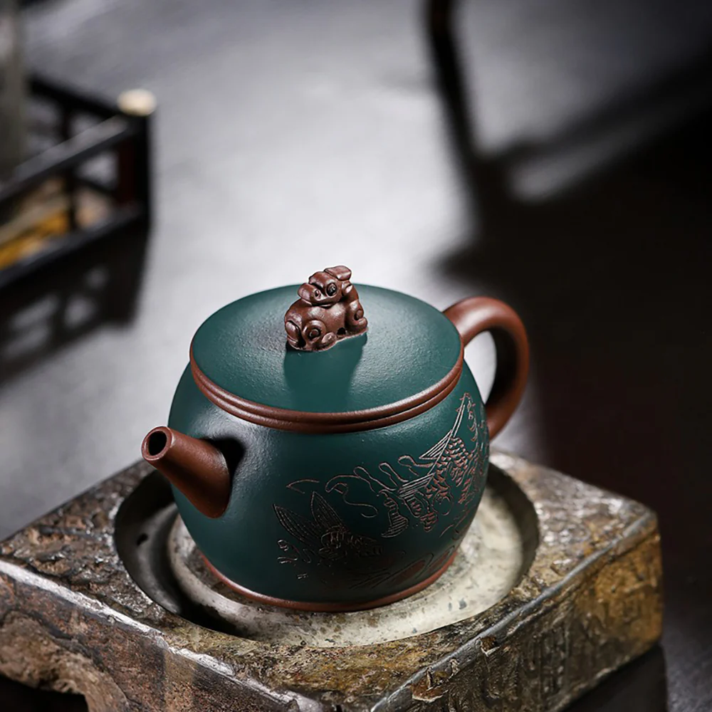 Yixing Purple & Green Clay Koi Teapot - Image 3