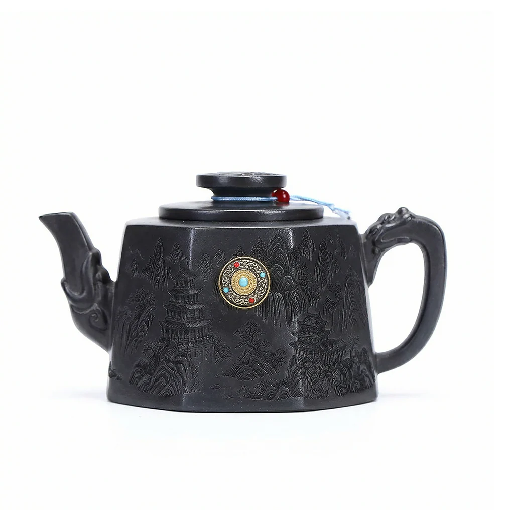 Yixing Stone Yellow Clay Landscape Octagon Teapot