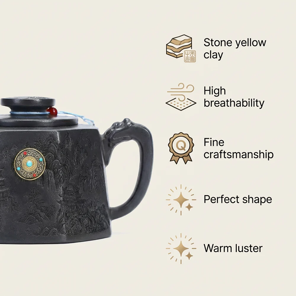 Yixing Stone Yellow Clay Landscape Octagon Teapot - Image 2