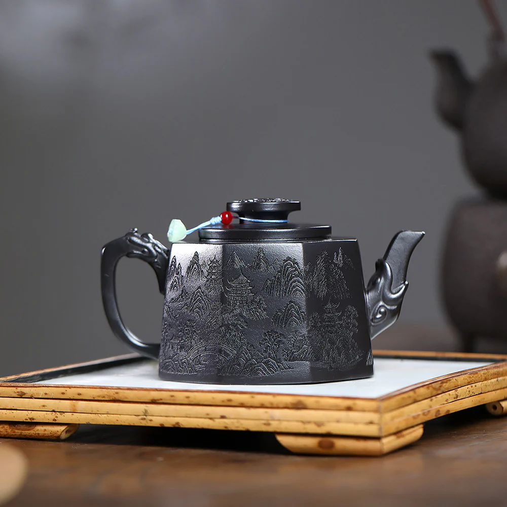 Yixing Stone Yellow Clay Landscape Octagon Teapot - Image 4